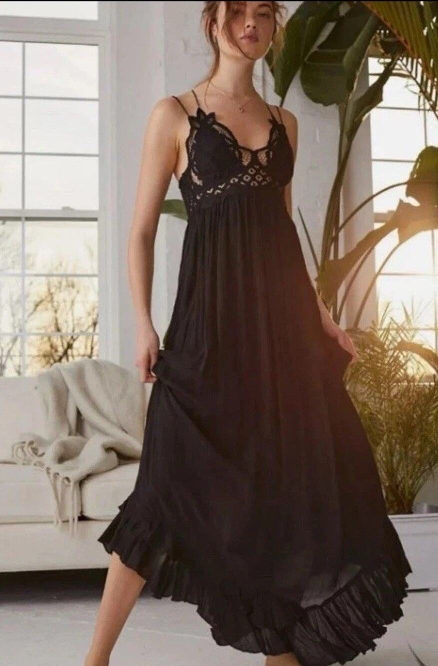 Free People Adela Maxi Slip Dress Black, Size Medium